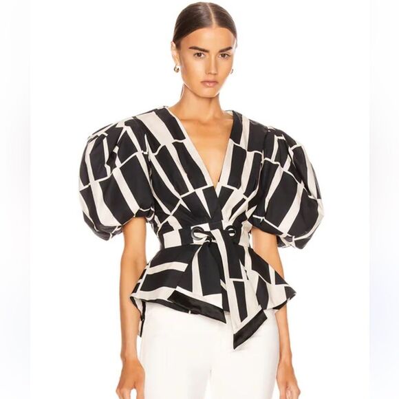 NWT JOHANNA ORTIZ Mastermind Two-tone Puff-sleeve Top In Black/Ecru Size 0 - Picture 2 of 14